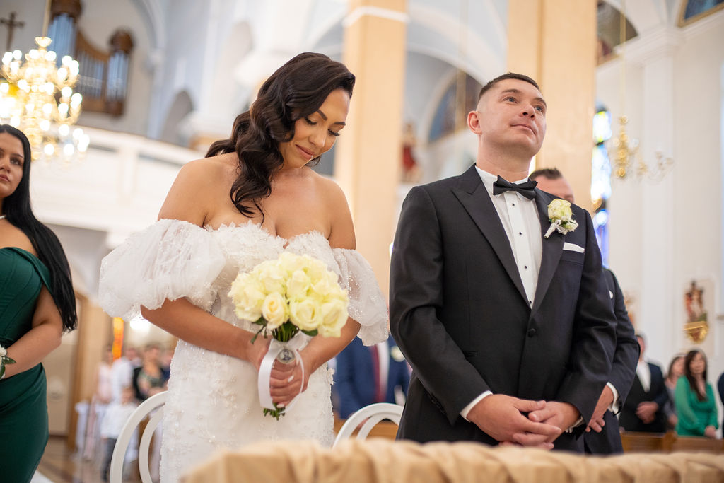Ewelina and Adrian wedding day portrait smiling together in natural light