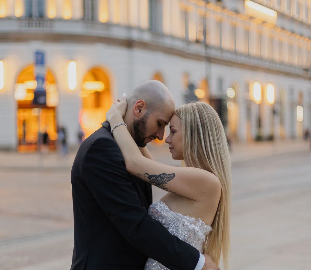 Sebastian looking at Natalia during their wedding photo session
