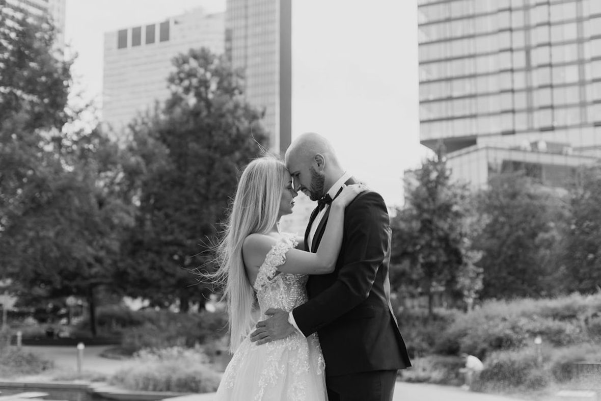 Natalia and Sebastian smiling together on their wedding day